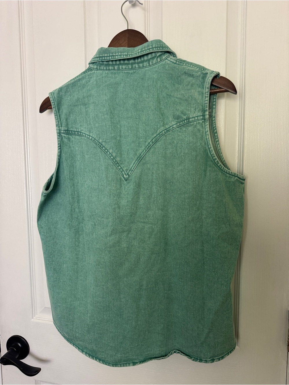 Lucky & Blessed Mint Green Sleeveless Denim Snap-Front Shirt - Picture 3 of 5
